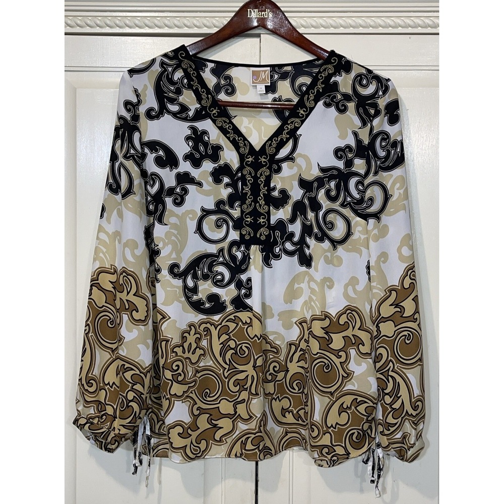 JM Collection Blouse Women 14 Top Flowy Embroidered Trim Side Ties Colorful - Picture 2 of 9